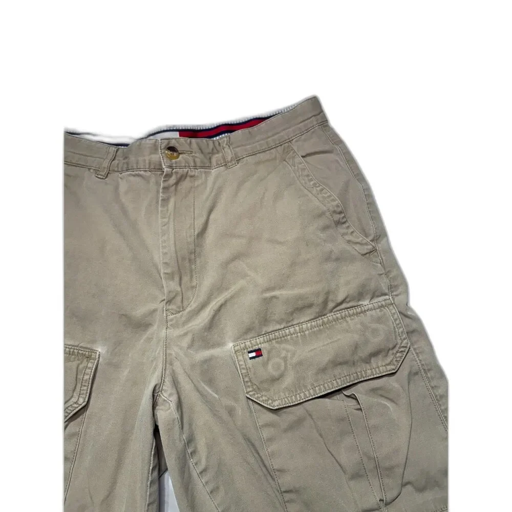 Vintage 90s Tommy Hilfiger Cargo Shorts Khaki Tan Waistband Trim Sz30